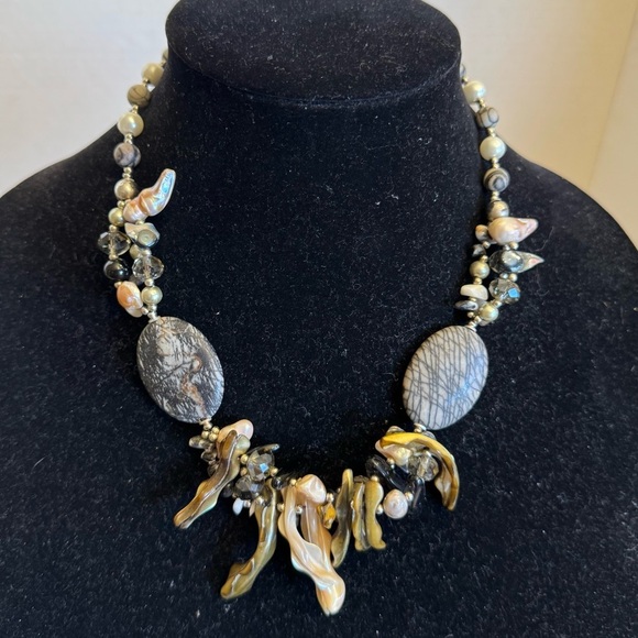 Natural Stones Necklace Abalone Shell, Zebra Jasper, Fresh Water Blister Pearls - Picture 3 of 16